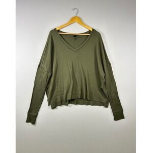Wild Fable Ribbed V-Neck Top Women L Green Oversized Drop Shoulder Slit Hem